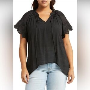 Forgotten Grace Black Lace Trim Women's Top Blouse with front ties 1X Plus